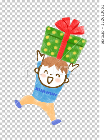 大きなクリスマスプレゼントを持った男の子の手描きイラスト 132613061