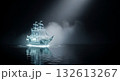 霧の立ち込める夜の海に浮かぶ、光り輝く幽霊船 132613267