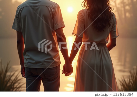 手を繋ぎ夕日を眺める恋人 132613384