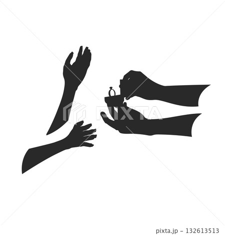 A man presenting an engagement ring. Silhouette of the bride and grooms hands. Image for a ceremony invitation. Isolated template for a wedding card A man presenting an engagement ring. Silhouette of the bride and grooms hands. Image for a ceremony invitation. Isolated template for a wedding card 132613513