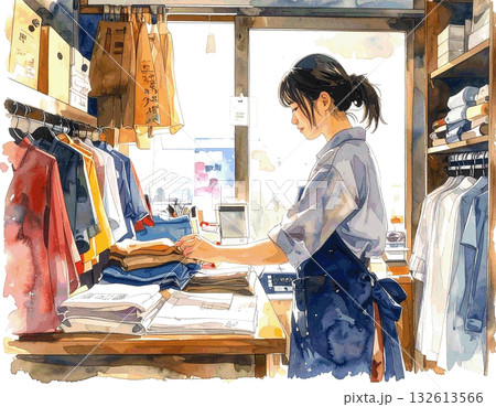 ショップの販売員をする女性の水彩画 132613566