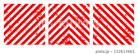 Warning sign with red and white diagonal lines. Attention, danger or caution symbol. Construction site signage, road safety notice, hazard banner, security alert shield. Vector illustration 132613663