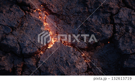 暗い大地に走る亀裂から光る溶岩:エネルギーの噴出 暗い大地に走る亀裂から光る溶岩:エネルギーの噴出 132613719