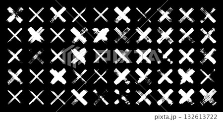 Grunge crosses, brush strokes, x mark, lines, ink smudges, hand-drawn scribble shapes. Handmade sketchy marks, acrylic stains, charcoal streaks. Paint textures, dry brush effect. Vector illustration 132613722