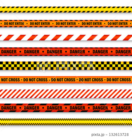 Barricade construction tape. Colorful police warning line, brightly colored danger or hazard stripe, ribbon. Restricted area, zone. Attention symbol. Vector illustration 132613728