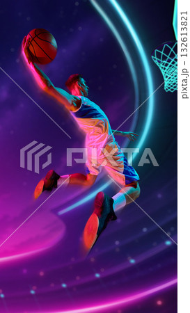 Collage of basketball player performing slam dunk in neon futuristic arena under glowing lights 132613821