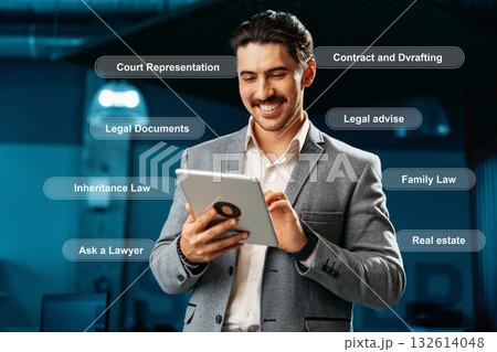 Man engaged in legal consultation using tablet in modern office setting 132614048