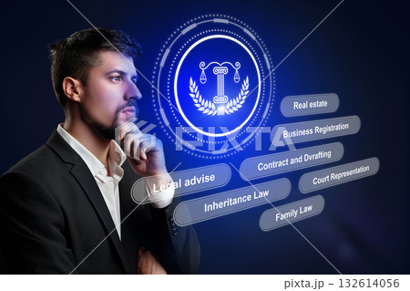 Lawyer contemplating legal services in a modern digital workspace at night 132614056