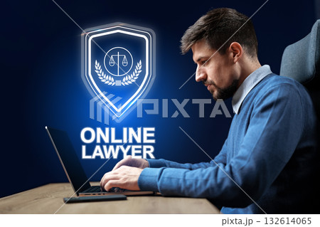 Professional lawyer working on a laptop in a modern office setup for online consultations Professional lawyer working on a laptop in a modern office setup for online consultations 132614065