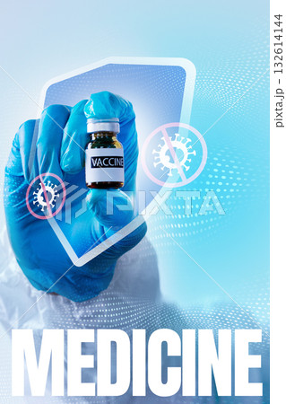 Hand holding a vaccine vial symbolizes protection against illness in modern medicine 132614144