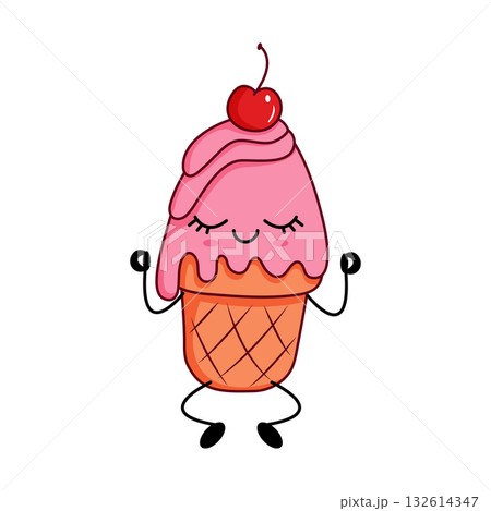 Meditating pink ice cream kawaii character with cherry on top Meditating pink ice cream kawaii character with cherry on top 132614347