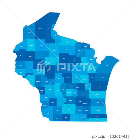 Wisconsin, WI - detailed political map of US state. Administrative map divided into counties. Blue map with county name labels. Vector illustration 132614425