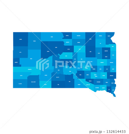 South Dakota, SD - detailed political map of US state. Administrative map divided into counties. Blue map with county name labels. Vector illustration South Dakota, SD - detailed political map of US state. Administrative map divided into counties. Blue map with county name labels. Vector illustration 132614433