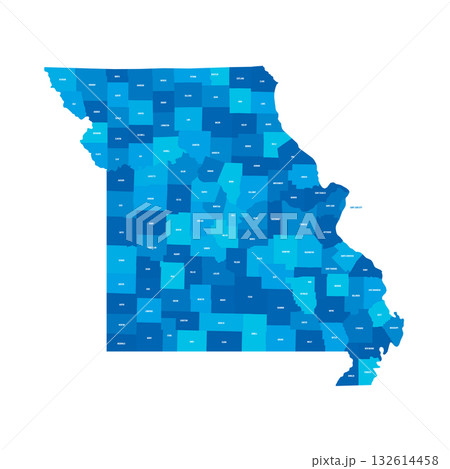 Missouri, MO - detailed political map of US state. Administrative map divided into counties. Blue map with county name labels. Vector illustration Missouri, MO - detailed political map of US state. Administrative map divided into counties. Blue map with county name labels. Vector illustration 132614458