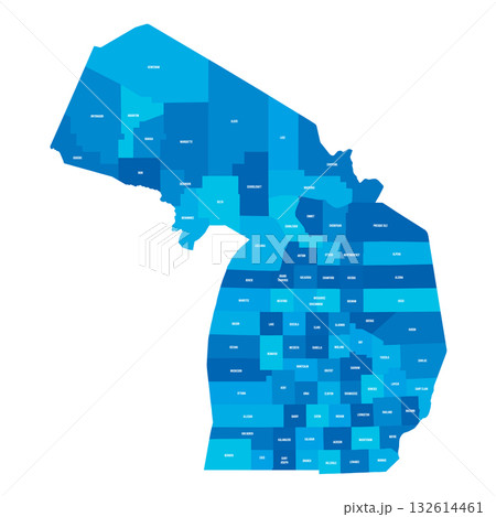 Michigan, MI - detailed political map of US state. Administrative map divided into counties. Blue map with county name labels. Vector illustration Michigan, MI - detailed political map of US state. Administrative map divided into counties. Blue map with county name labels. Vector illustration 132614461