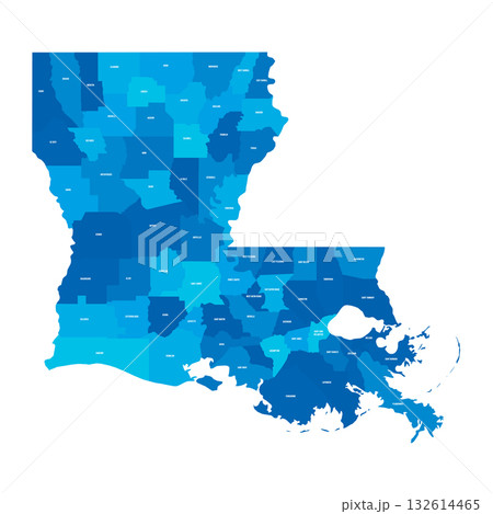 Louisiana, LA - detailed political map of US state. Administrative map divided into counties. Blue map with county name labels. Vector illustration Louisiana, LA - detailed political map of US state. Administrative map divided into counties. Blue map with county name labels. Vector illustration 132614465