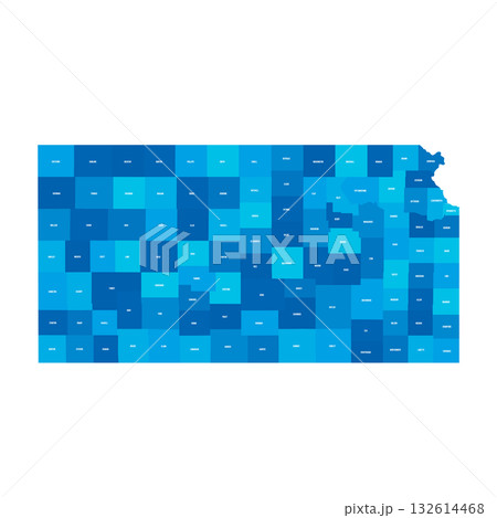 Kansas, KS - detailed political map of US state. Administrative map divided into counties. Blue map with county name labels. Vector illustration Kansas, KS - detailed political map of US state. Administrative map divided into counties. Blue map with county name labels. Vector illustration 132614468