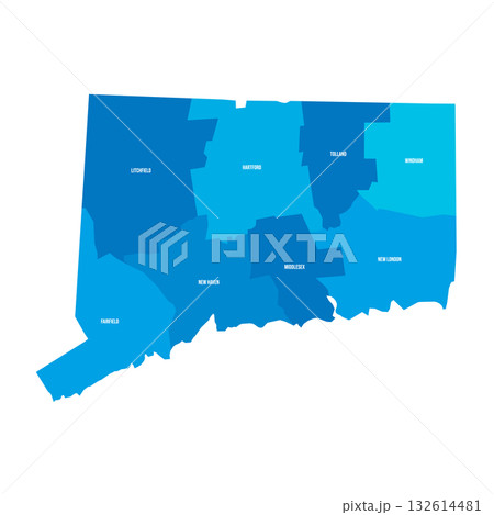 Connecticut, CT - detailed political map of US state. Administrative map divided into counties. Blue map with county name labels. Vector illustration 132614481