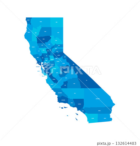 California, CA - detailed political map of US state. Administrative map divided into counties. Blue map with county name labels. Vector illustration 132614483