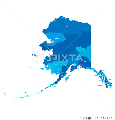 Alaska, AK - detailed political map of US state. Administrative map divided into counties. Blue map with county name labels. Vector illustration Alaska, AK - detailed political map of US state. Administrative map divided into counties. Blue map with county name labels. Vector illustration 132614487