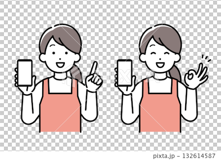 Illustration set of a housewife (nursery school teacher, housekeeping assistant) showing her smartphone and giving an OK sign and explaining 132614587