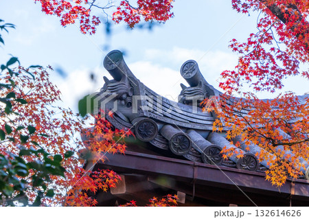 常寂光寺の屋根と紅葉 132614626