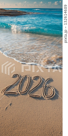 2026 banner. Happy New Year 2026 written on beach sand 132614689