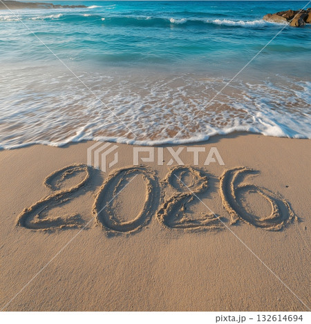 2026 banner. Happy New Year 2026 written on beach sand 2026 banner. Happy New Year 2026 written on beach sand 132614694
