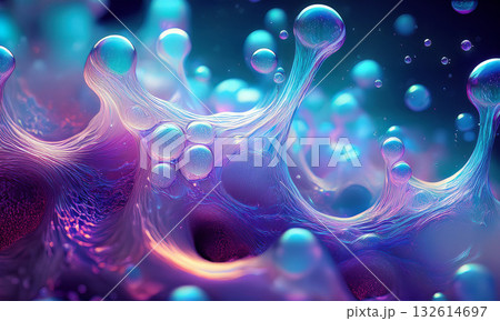 Vibrant Abstract Macro Scene Of Colorful Bubbles And Luminous Gel Forms In Neon Light 132614697