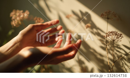 Hands reaching out towards flowers Hands reaching out towards flowers 132614738