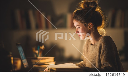 Studying late at night with focus Studying late at night with focus 132614749