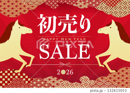 2026年午年のお正月初売りセール:金の馬と和柄の背景・フレーム広告デザイン 132615053