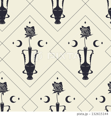 Celestial Art nouveau style black and white vase with rose hand drawn seamless pattern vector illustration Celestial Art nouveau style black and white vase with rose hand drawn seamless pattern vector illustration 132615144