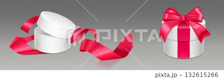 Round white gift box mockup with pink ribbon Round white gift box mockup with pink ribbon 132615266