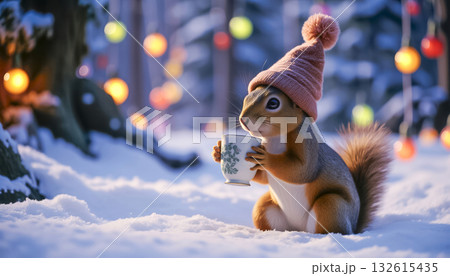 A cute squirrel in a funny knitted hat with a cup of aromatic drink in her paws. 132615435