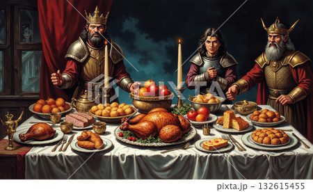 Medieval banquet table in an ancient castle by candlelight, dinner with roast meat Medieval banquet table in an ancient castle by candlelight, dinner with roast meat 132615455