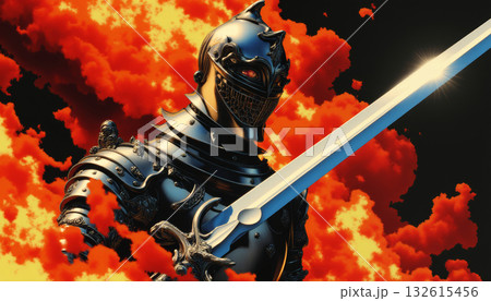 Great medieval knight in armor and with a sword in the fire of battle Great medieval knight in armor and with a sword in the fire of battle 132615456