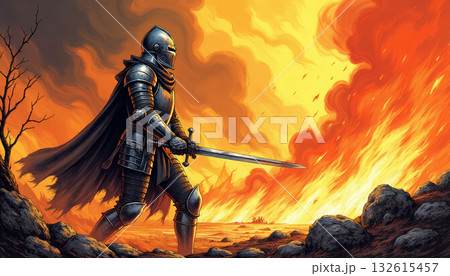 Great medieval knight in armor and with a sword in the fire of battle 132615457