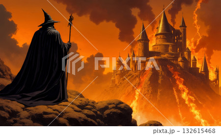 A wizard in a black robe looks at a burning castle, flames and smoke floating in the fire A wizard in a black robe looks at a burning castle, flames and smoke floating in the fire 132615468