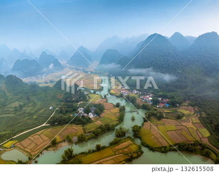 Aerial drone view of rice terrace paddle field around the river at Phong Nam, Trung Khanh, Cao Bang, Vietnam 132615508