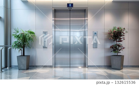 Two potted plants stand in front of an empty elevator in a building Two potted plants stand in front of an empty elevator in a building 132615536