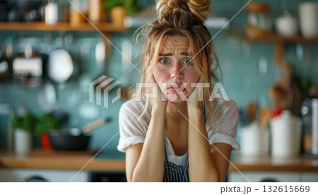 A blond woman sits in the kitchen, hands on face, deep in thought A blond woman sits in the kitchen, hands on face, deep in thought 132615669