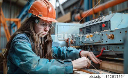 a woman wearing a hard hat and safety glasses is working on a machine in a factory 132615864