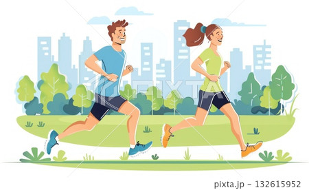 Man and woman running with arm and leg movements on grass in park 132615952
