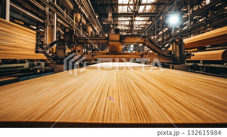 Industrial wood panel production with automated machinery and bright lighting 132615984