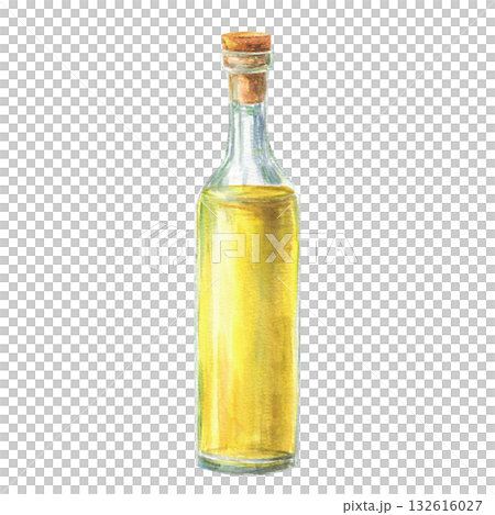 Bottle of limoncello with cork. Yellow beverage. Homemade traditional Italian alcoholic liqueur made from lemons. Hand drawn illustration for drink menu, party cocktail list. Isolated from background. 132616027