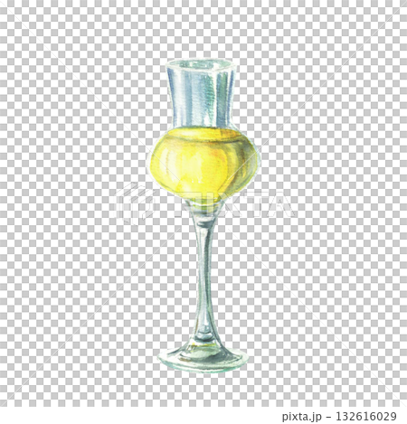 Limoncello, Italian Lemon liqueur in glass. Shot with yellow alcoholic drink, cocktails. Watercolor hand drawn illustration. Clipart for beverage menu for bar, restaurant. Isolated from background 132616029