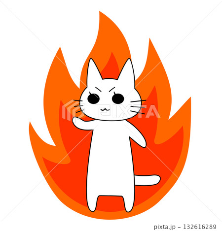 炎を背に闘志を燃やすやる気のあるかわいい白ネコのキャラクターイラスト 炎を背に闘志を燃やすやる気のあるかわいい白ネコのキャラクターイラスト 132616289