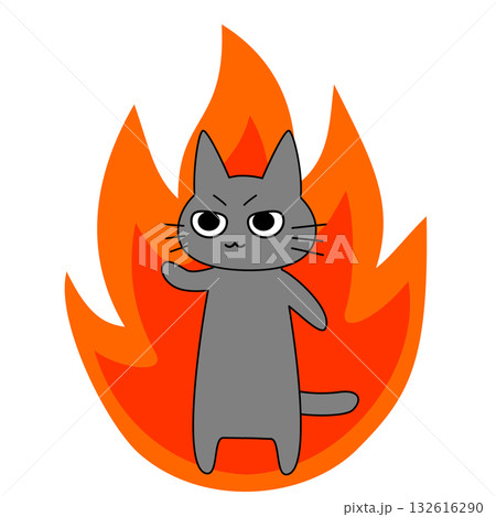 炎を背に闘志を燃やすやる気のあるかわいいネコのキャラクターイラスト 132616290