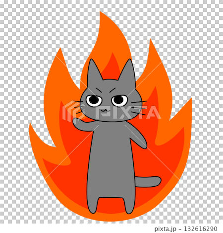 炎を背に闘志を燃やすやる気のあるかわいいネコのキャラクターイラスト 132616290